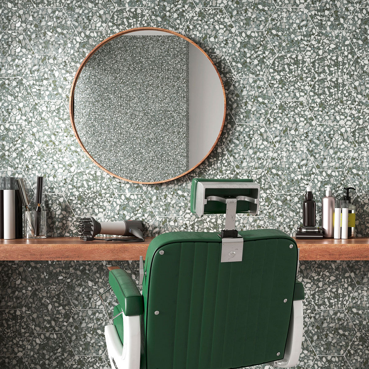 Deluxe Terrazzo Sage Hexagonal Porcelain Tile Matt Feature