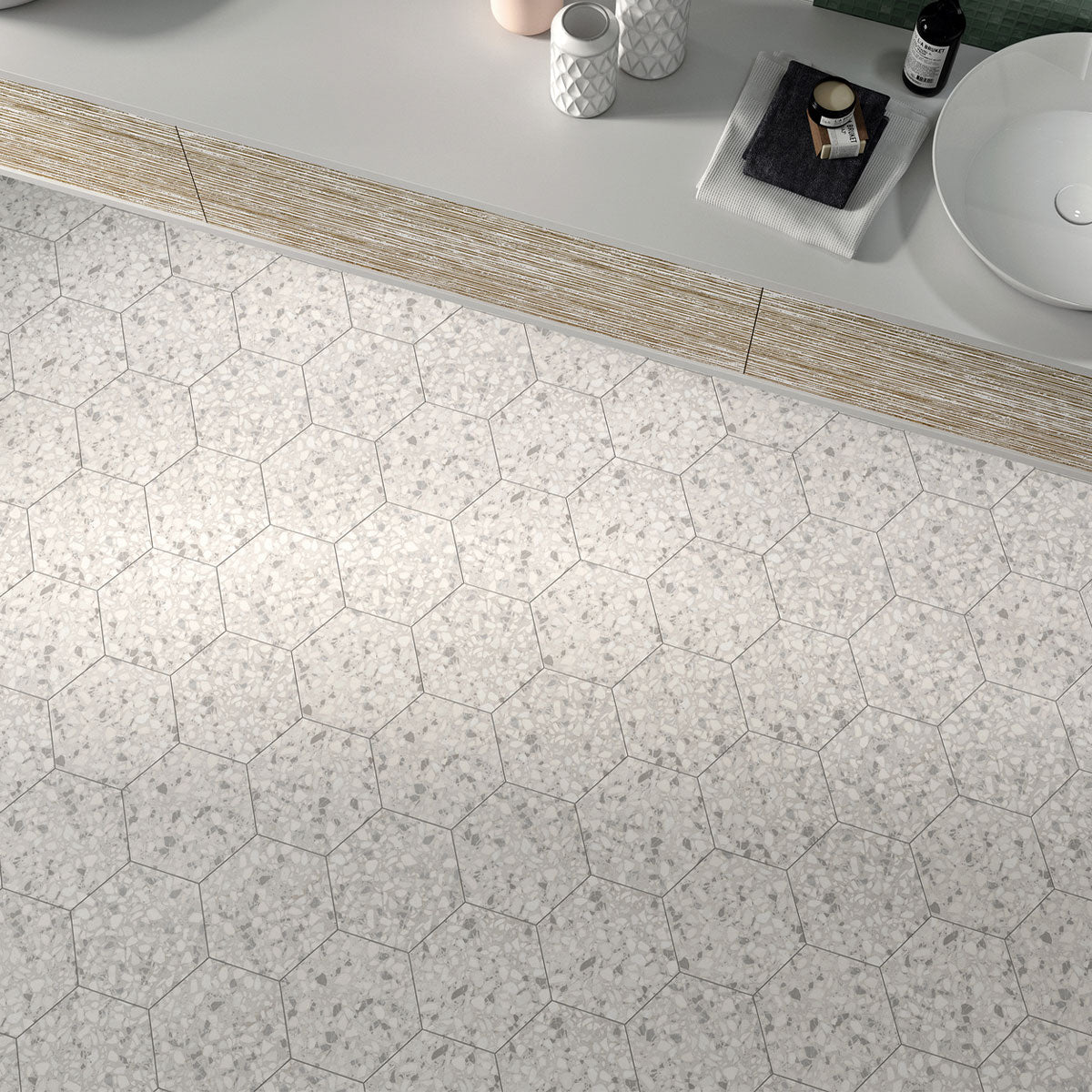 Deluxe Terrazzo Talc Hexagonal Porcelain Tile Matt Feature