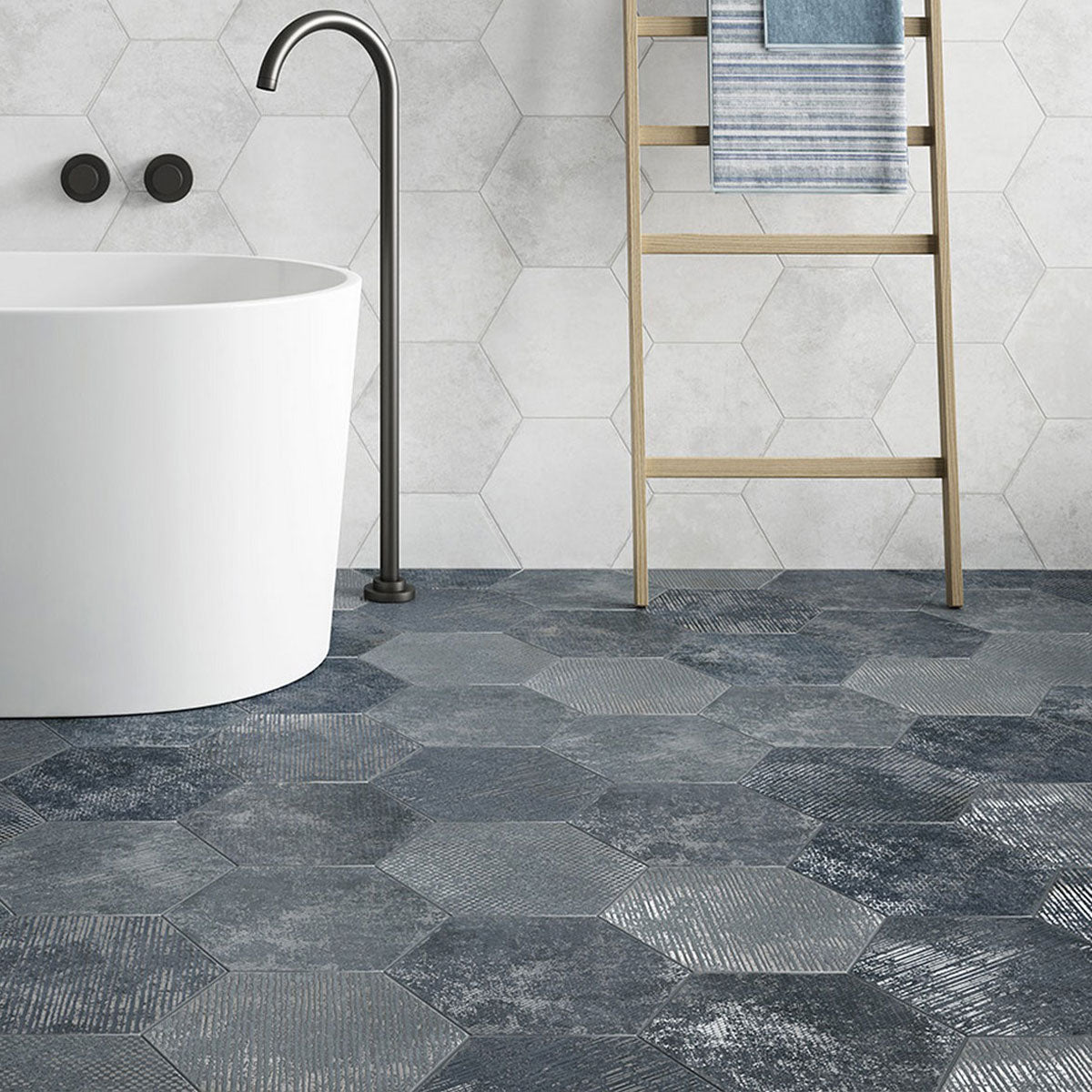 Fiori Azul Decor Hexagonal Porcelain Tile Matt Feature