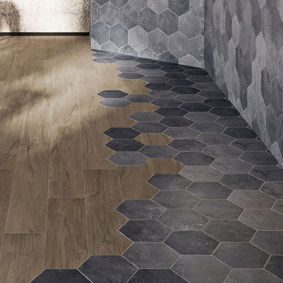 Fiori Lava Decor Hexagonal Porcelain Tile Matt Feature