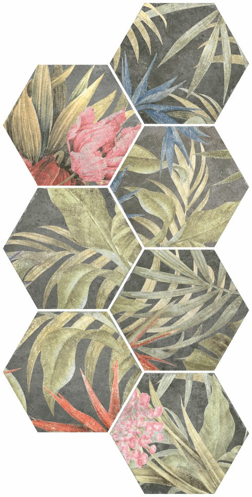 Fiori Lava Floral Decor Hexagonal Porcelain Tile Matt
