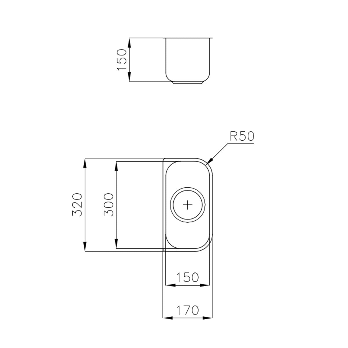 Foster Big Bowl Undermounted Kitchen Sink 150x300mm Brushed Stainless Steel Dimensions