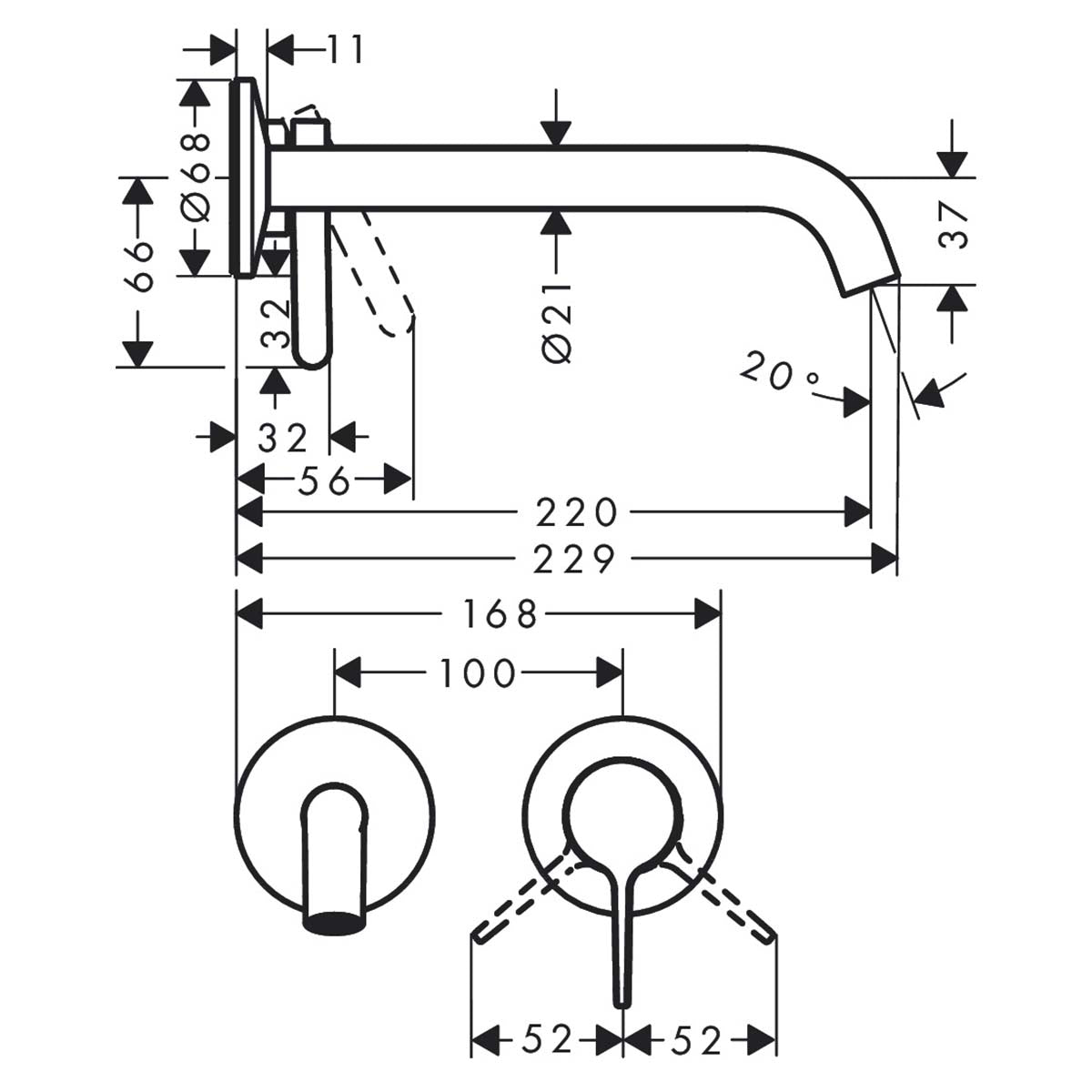Hansgrohe Axor One Wall Mounted 2 Hole Basin Mixer Tap Dimensions