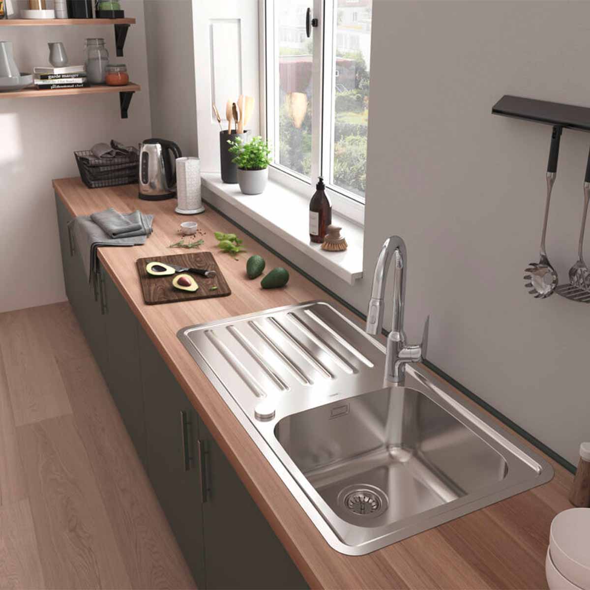 Hansgrohe S41 S4113 F400 top flush mounted 2 hole double bowl kitchen sink automatic waste lifestyle
