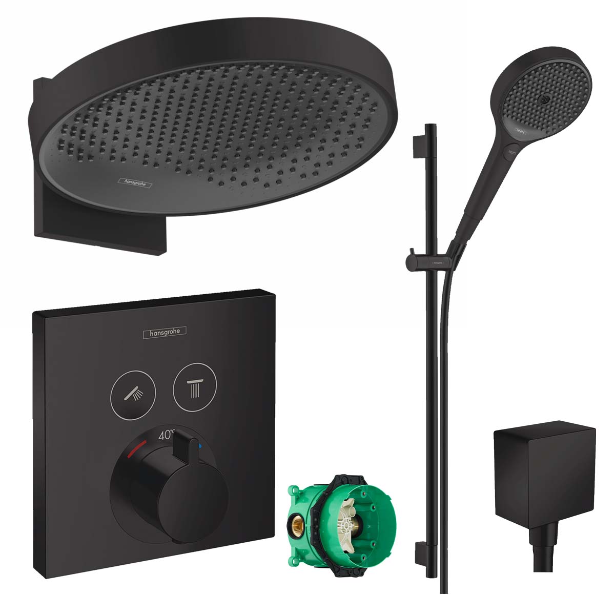 Hansgrohe Square 2 Outlet Push Thermostatic Valve with Rainfinity 360 Overhead and Slide Rail Kit - Matt Black