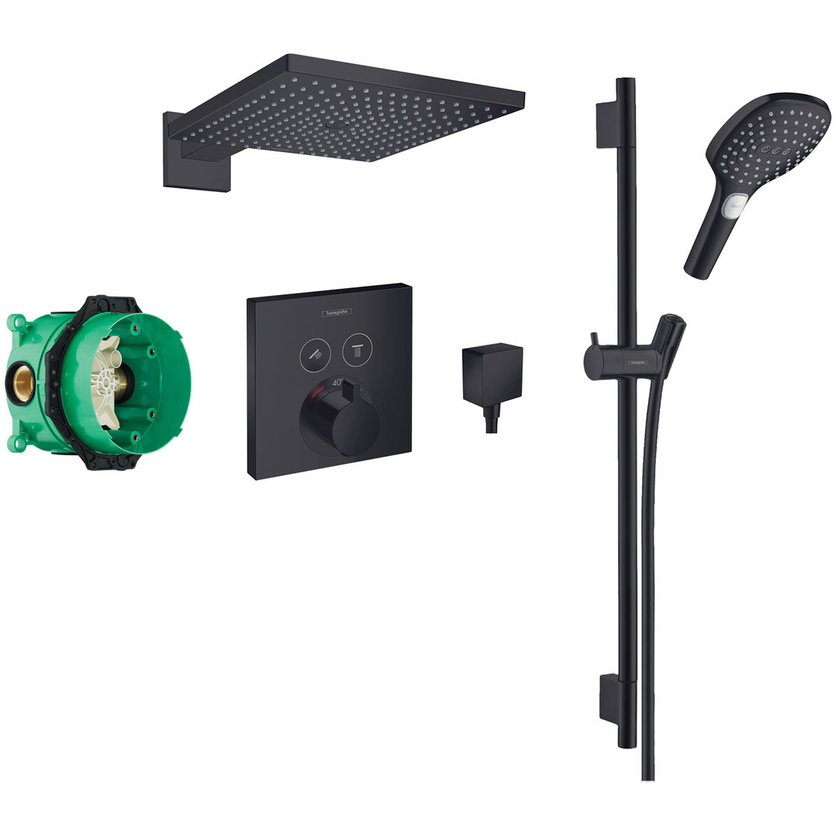 Square Select concealed valve with Raindance 300 Overhead and Select rail kit Matt Black