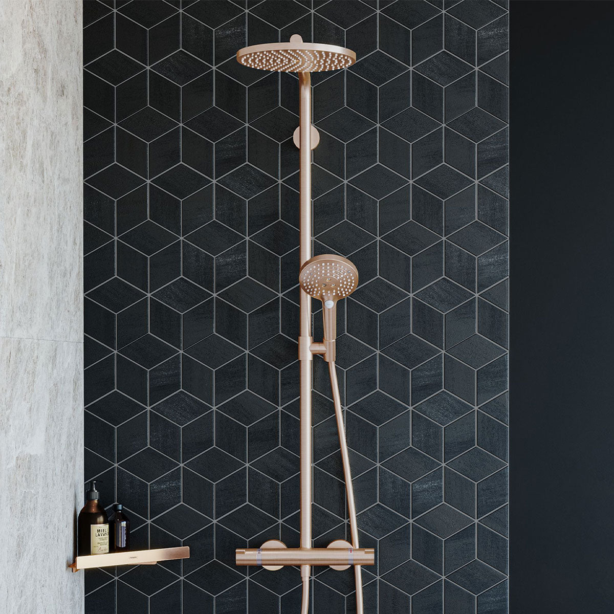 Hansgrohe Thermostatic Exposed Bar with PowderRain 240 Rigid Riser Shower Kit - Brushed Bronze Feature