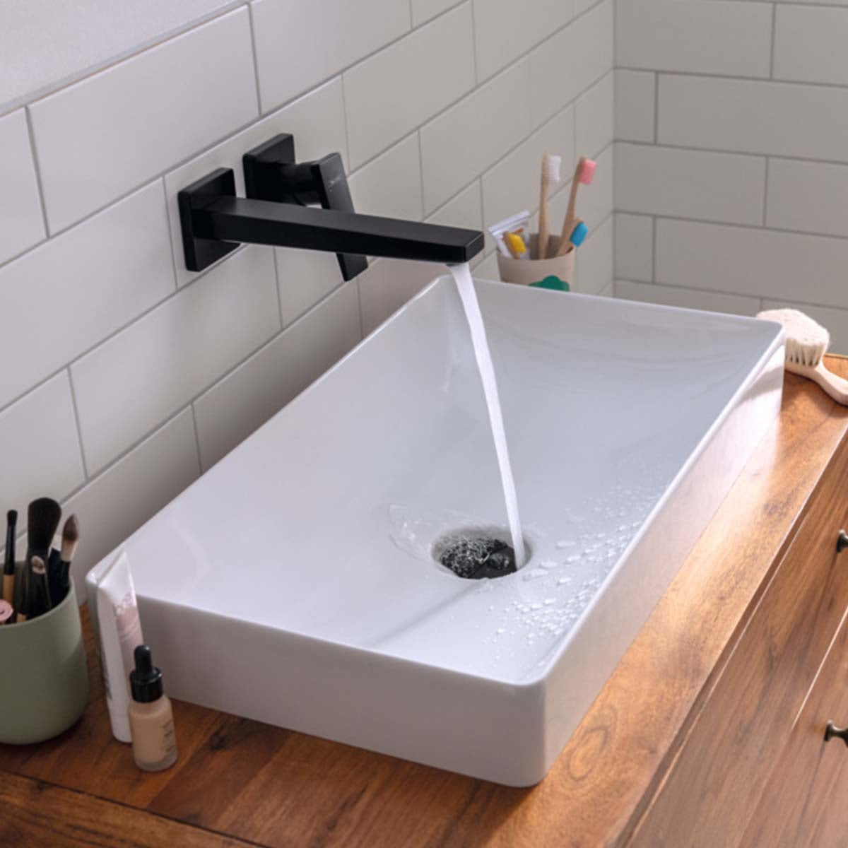 Hansgrohe metropol wall mounted 2 hole single lever basin mixer matt black