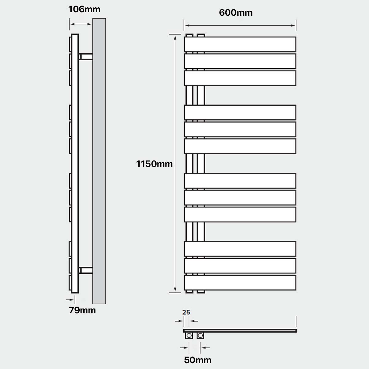 Helmsley 1150 Designer Flat Panel Heated Towel Rail - Matt Black Dimensions