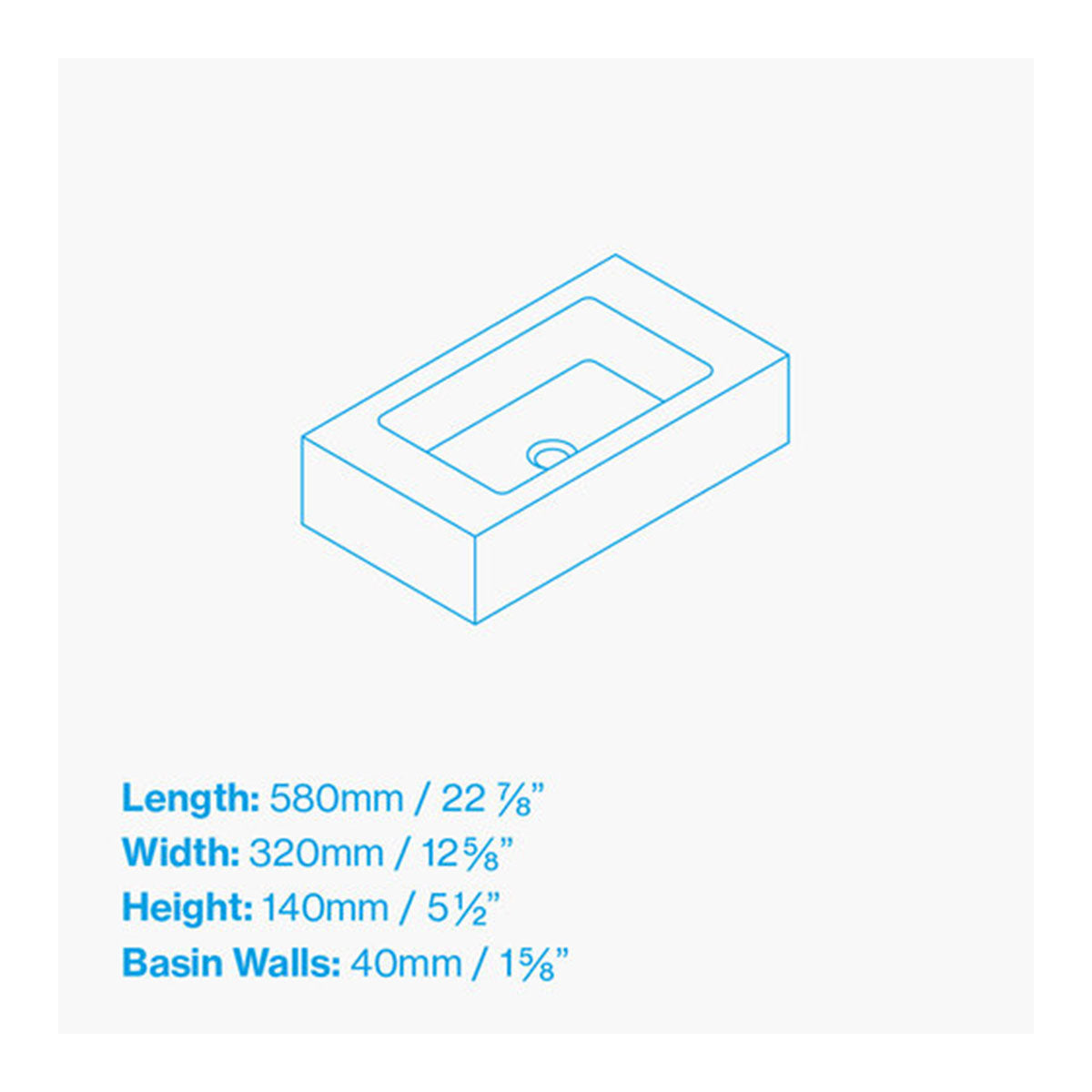 Kast Pitch Short Projection Rectangle Wall-Hung Concrete Basin With Shelf Surface DIMENSIONS