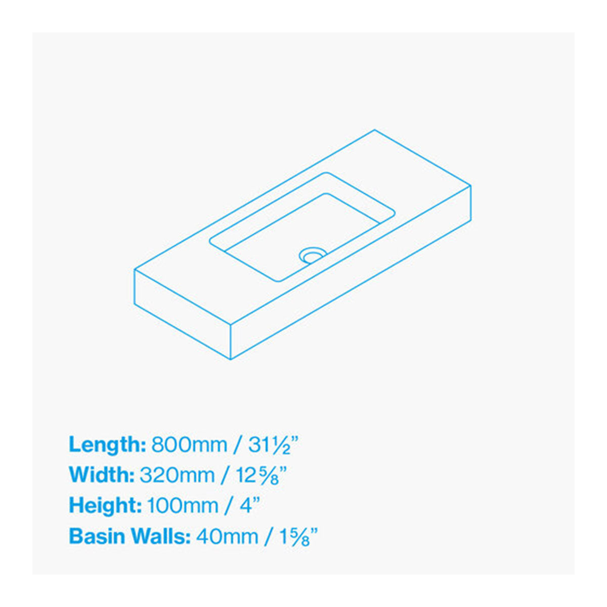 Kast Pitch Short Projection Rectangle Wall-Hung Concrete Basin With Shelf Surface DIMENSIONS