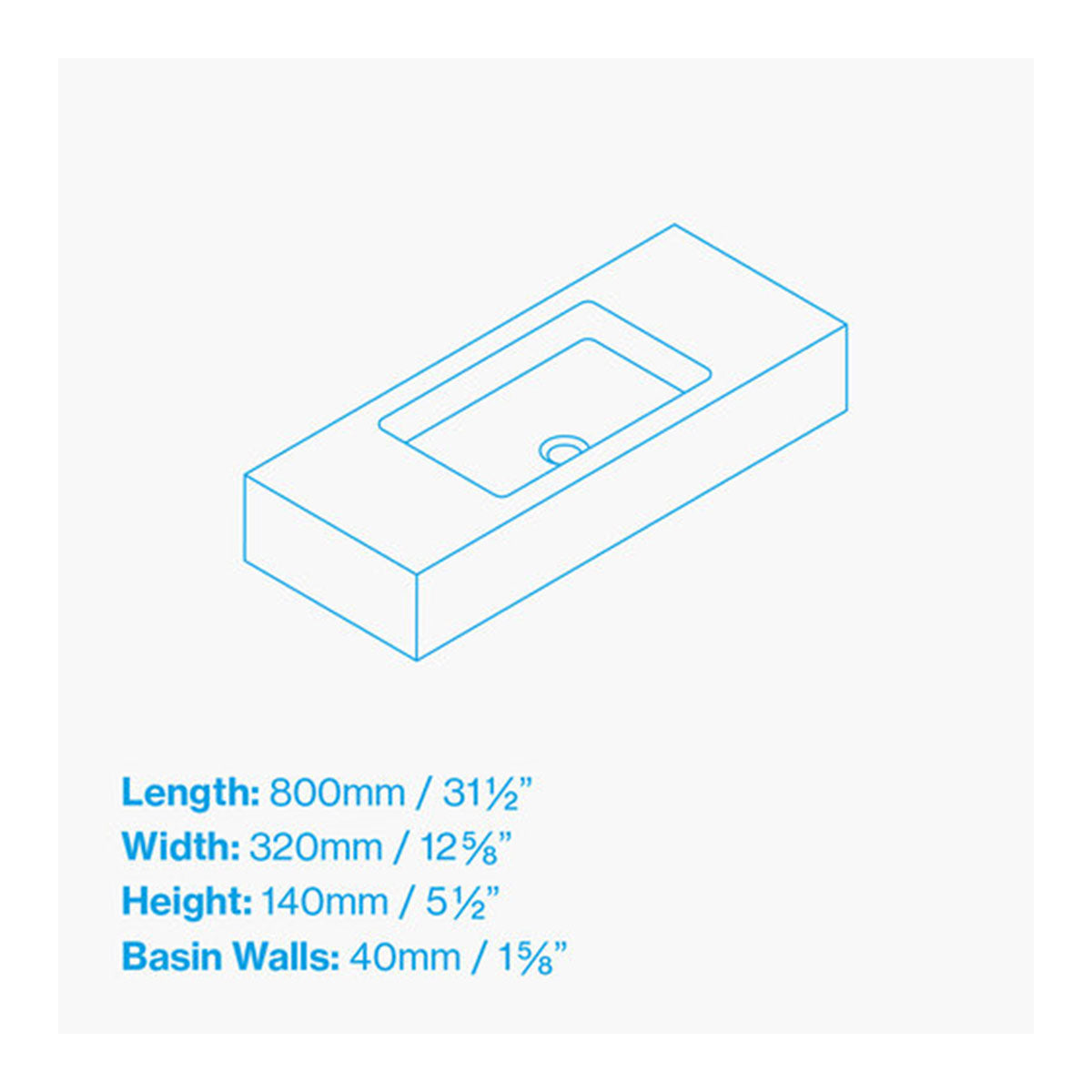 Kast Pitch Short Projection Rectangle Wall-Hung Concrete Basin With Shelf Surface DIMENSIONS