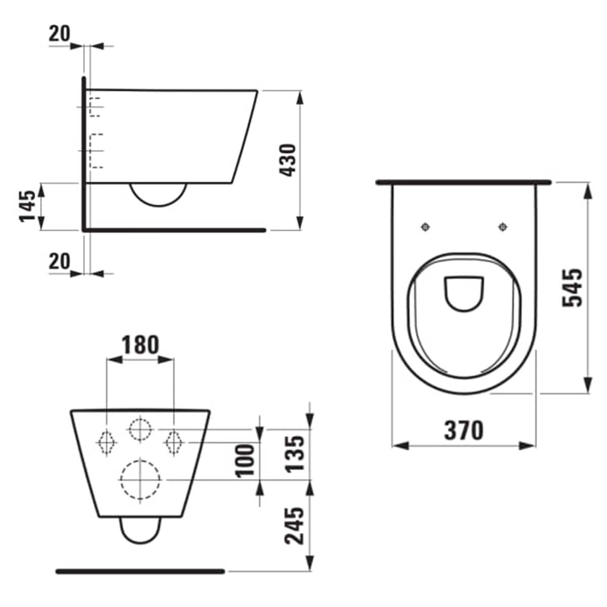 Laufen Kartell Rimless Wall Hung WC Pan With Slim Soft Close Toilet Seat Dimensions
