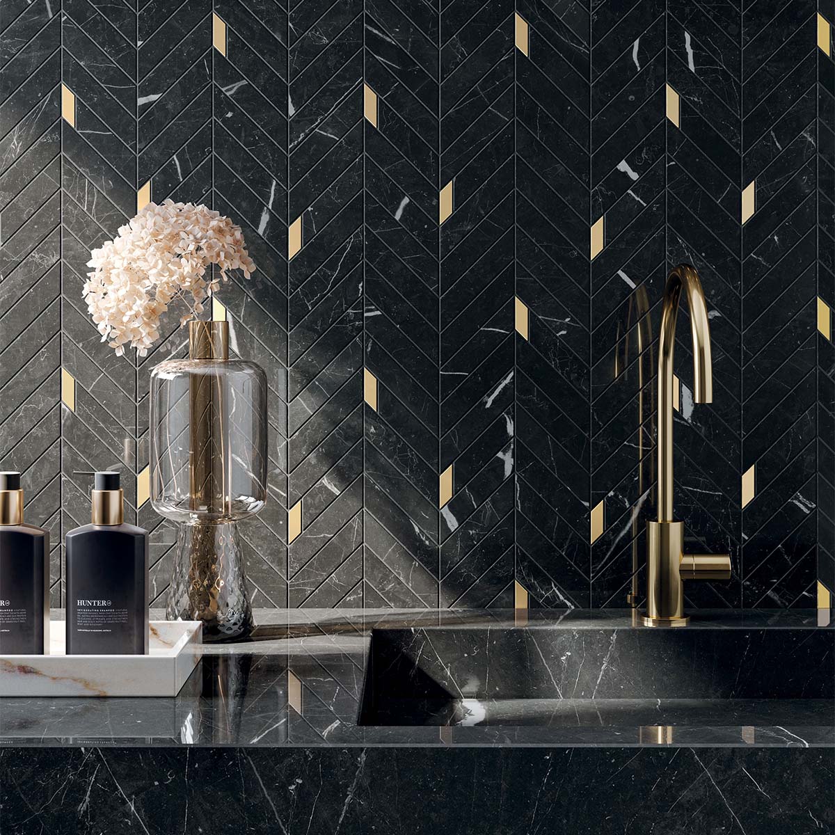 Nero Marquinia Chevron Mosaic Tile Gloss 28x30cm Lifestyle