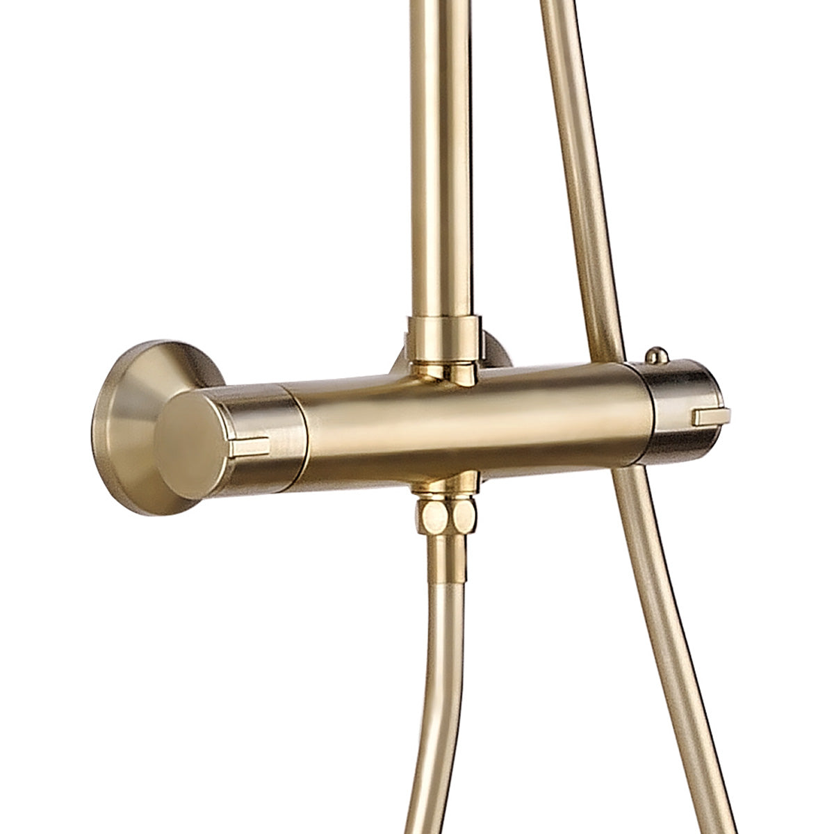 Pembroke Dual Outlet Exposed Thermostatic Shower Bar Valve With Rigid Riser Handset and Shower Head Brushed Brass Close Up