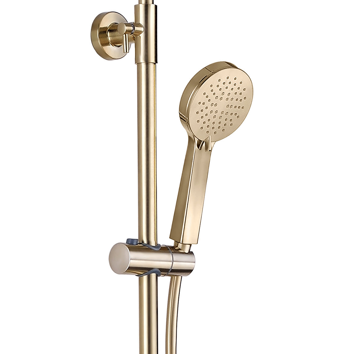 Pembroke Dual Outlet Exposed Thermostatic Shower Bar Valve With Rigid Riser Handset and Shower Head Brushed Brass Close Up