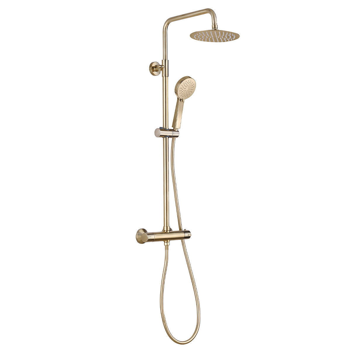 Pembroke Dual Outlet Exposed Thermostatic Shower Bar Valve With Rigid Riser Handset and Shower Head Brushed Brass