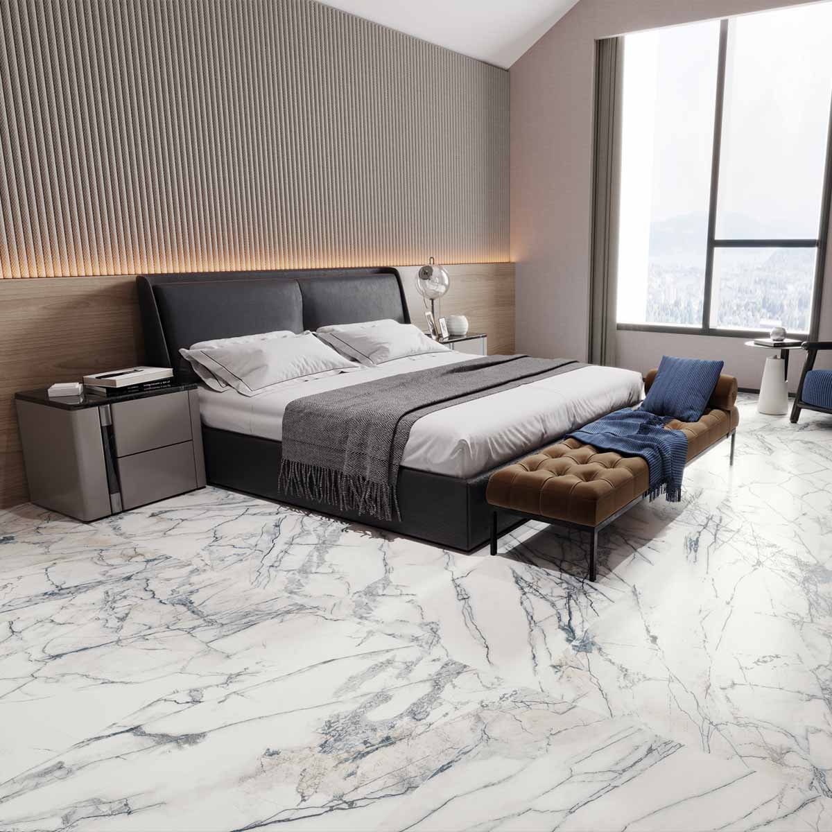 Premiere White 4D Shaped Marble Effect Porcelain Tile Matt 100x100cm Lifestyle