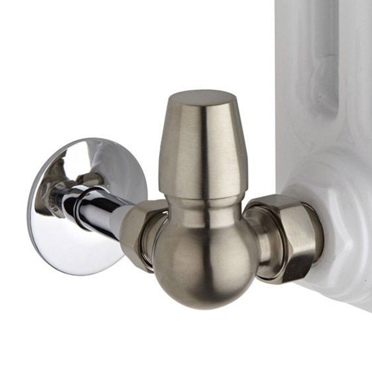 Rivassa Thermostatic Corner Radiator Valves Feature Satin Nickel