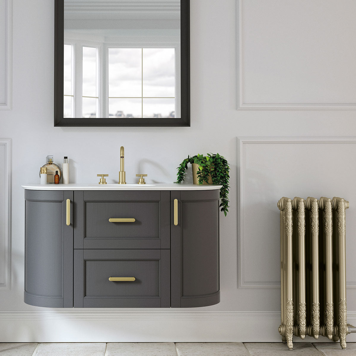 Roseberry Curved Wall Mounted Vanity Unit With Solid Surface Worktop and Undermount Basin - Rose Quartz