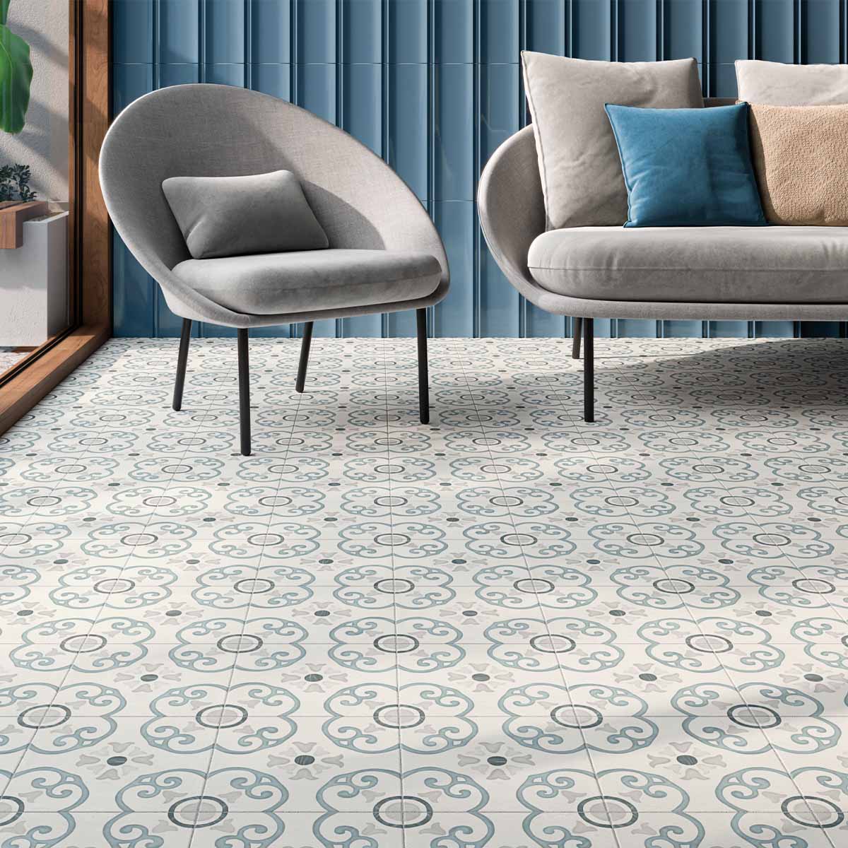 Sirocco Blue Dahlia Pattern Porcelain Tile 22x22cm Matte