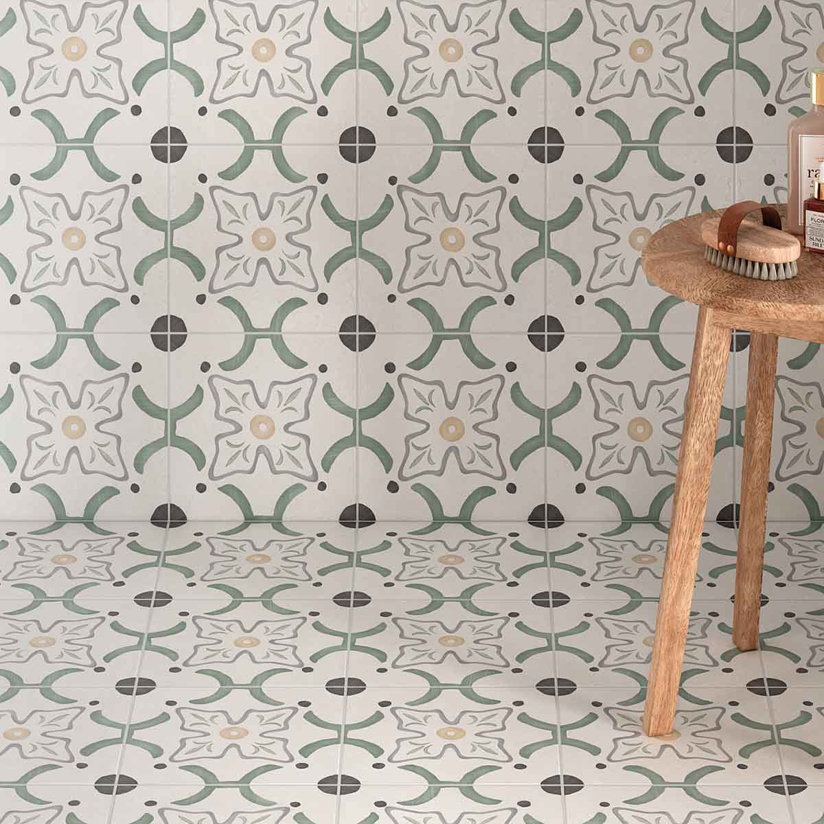 Sirocco Green Flower Pattern Porcelain Tile 22x22cm Matte