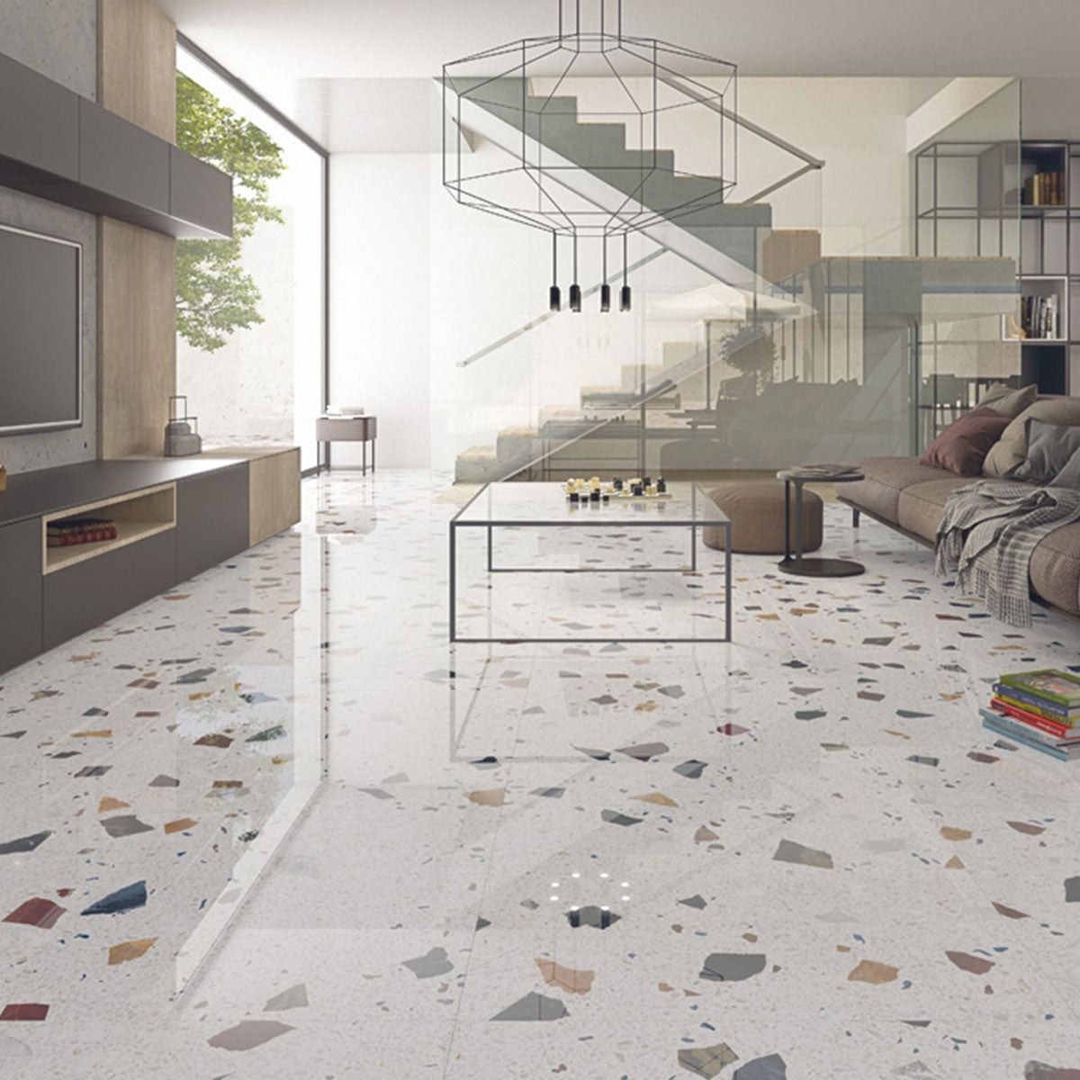 Stracciatella Blanco Terrazzo Effect Porcelain Tile Polished 79x79cm