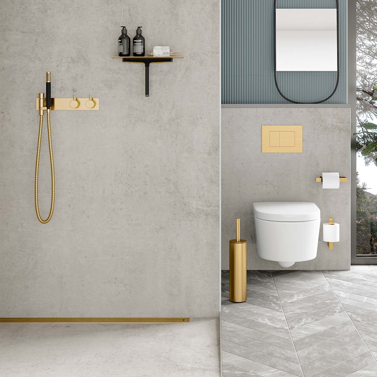 UniSlope 1K Wet Room Kit Highline Panel Brushed Brass Drain Brushed Brass