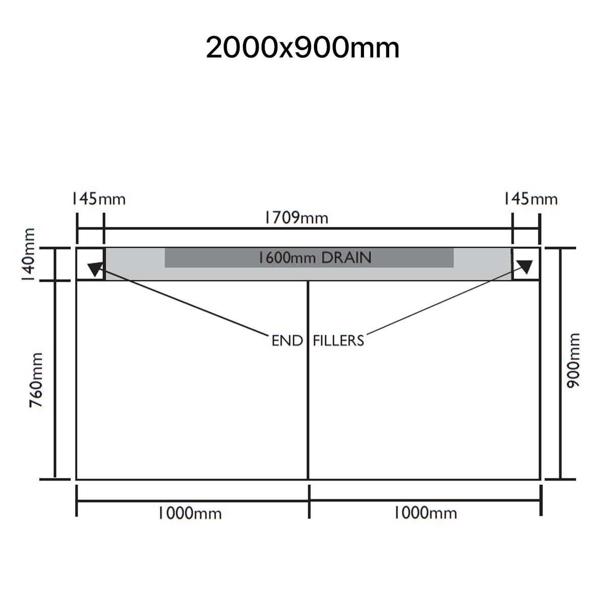 Unislope 1K elegance linear drain 2000x900mm dimensions