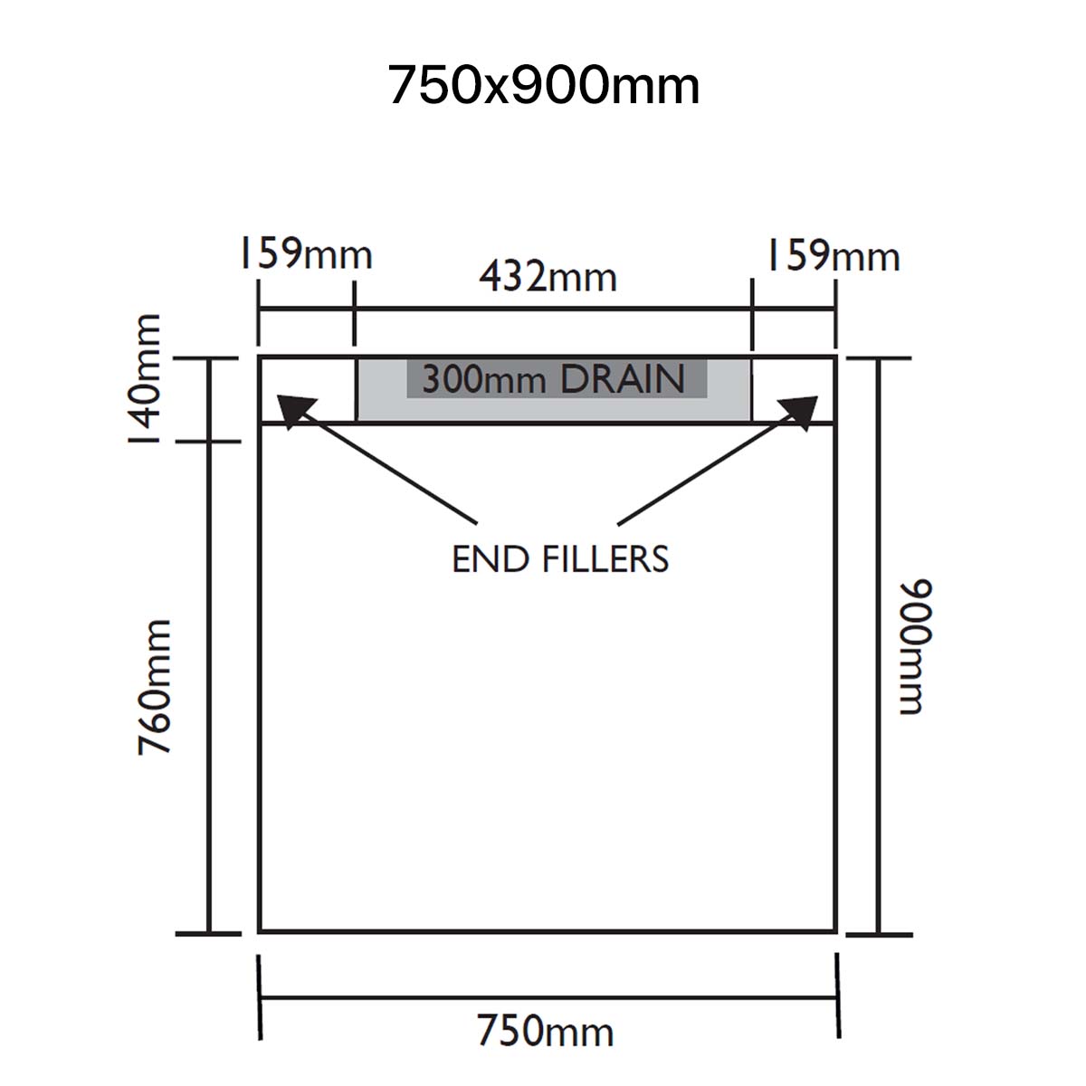 Unislope 1K linear drain 750x900mm dimensions