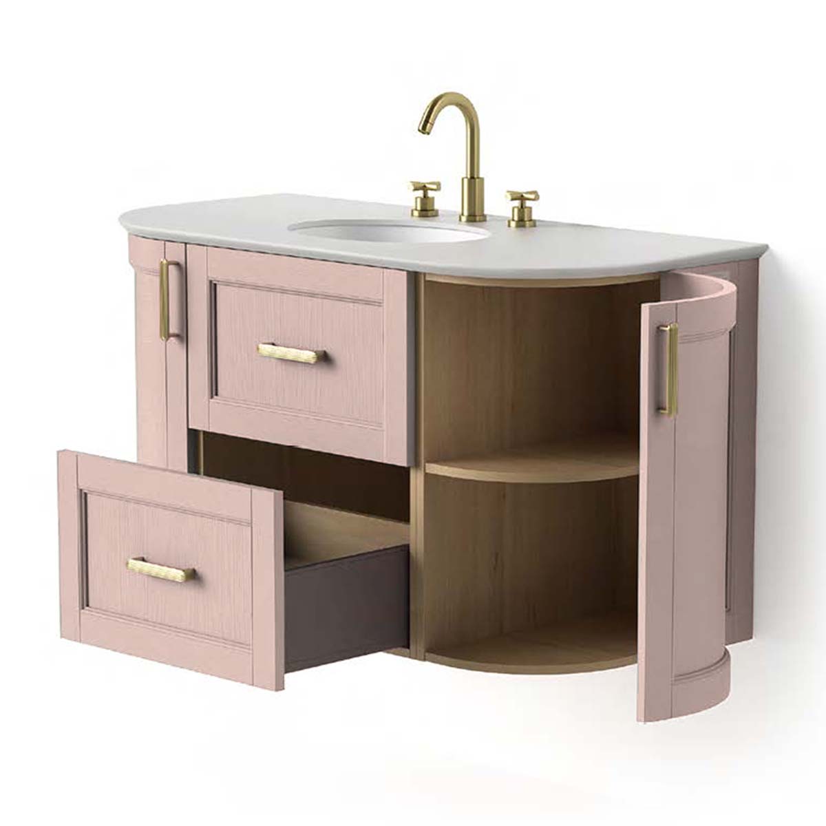 Utopia Roseberry Curved Wall Mounted Vanity Unit With Imperial White Worktop And Solid Surface Undermount Basin Pink Quartz Doors Open