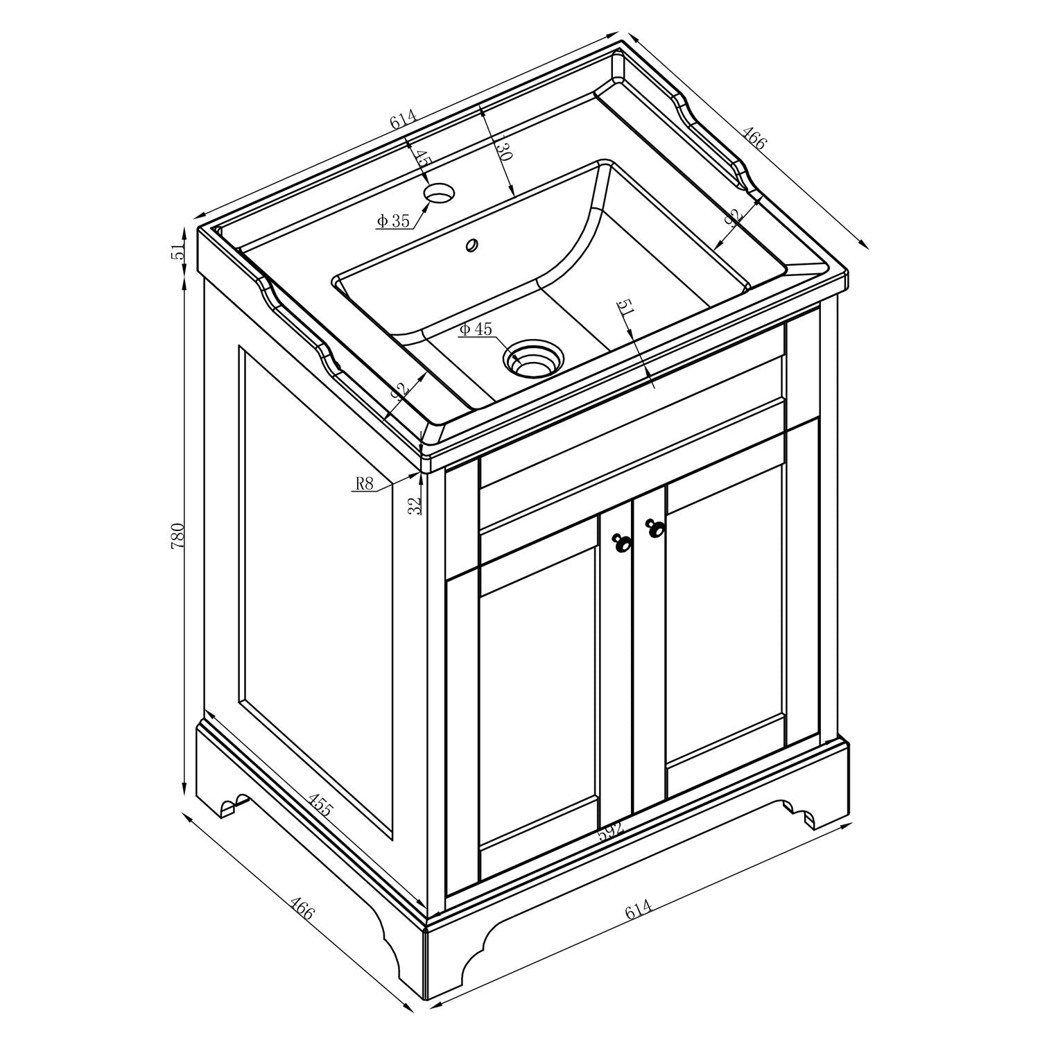 Granlusso Ailesbury 2-Door Floorstanding Vanity Unit Dimensions