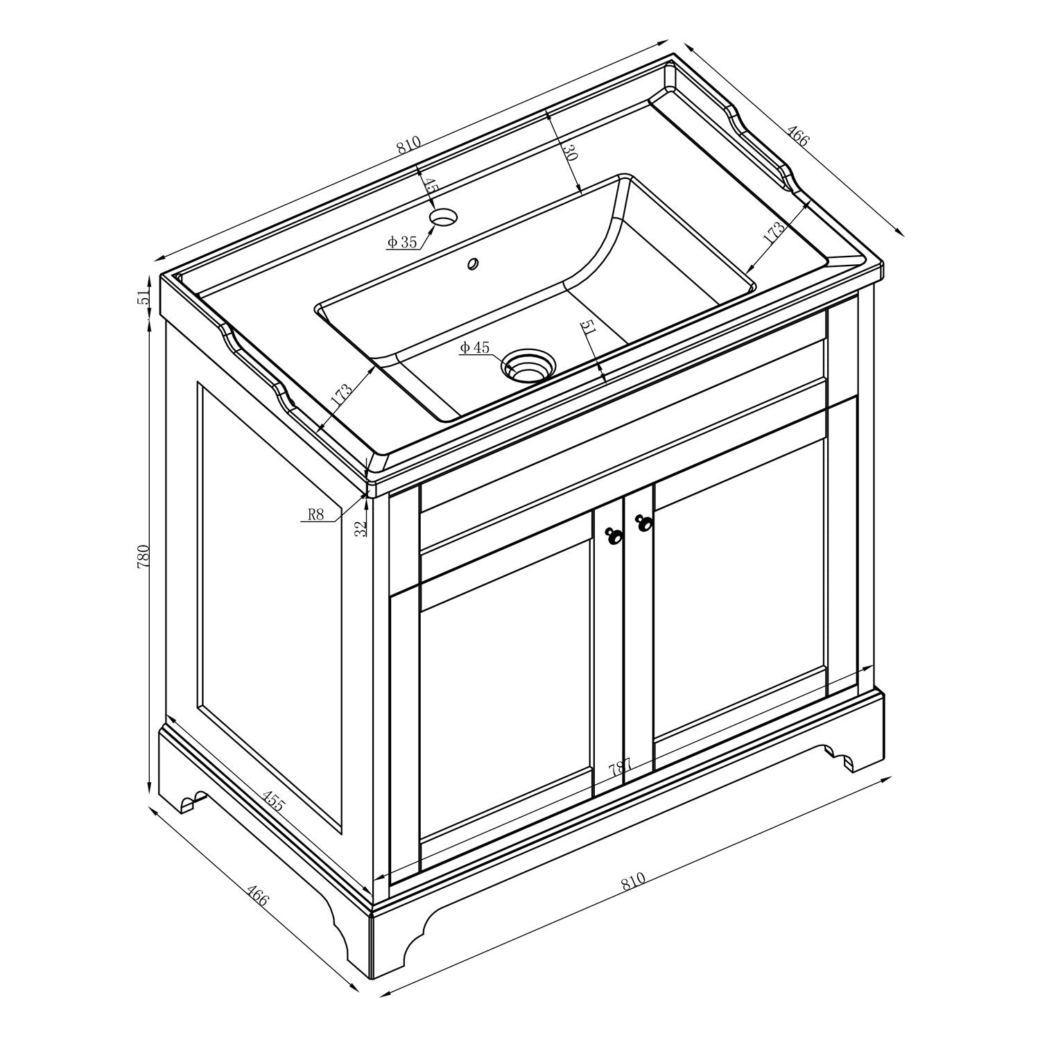 Granlusso Ailesbury 2-Door Floorstanding Vanity Unit Dimensions