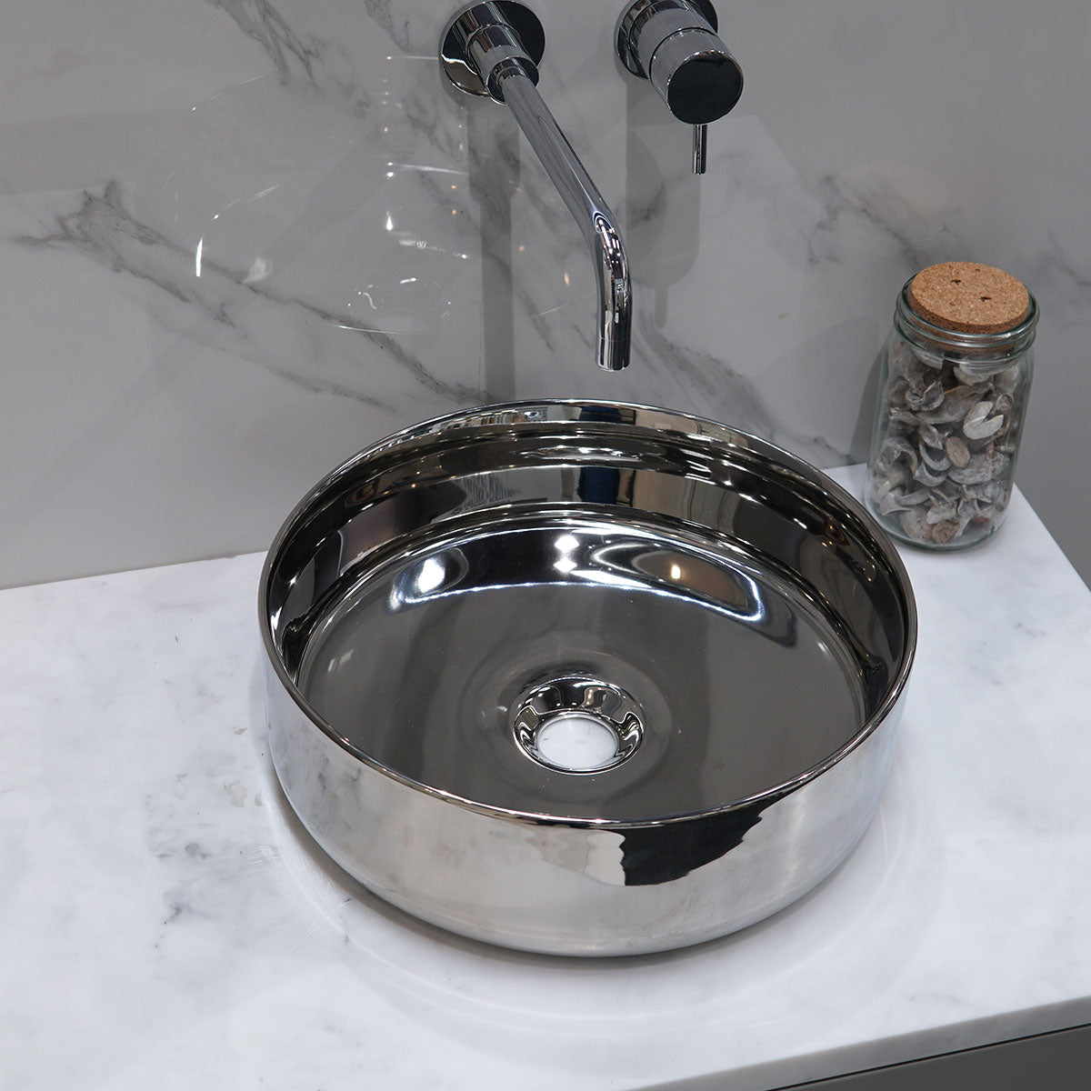 Granlusso Metallic Effect Countertop Round Basin with Slim Edges - Silver Gloss