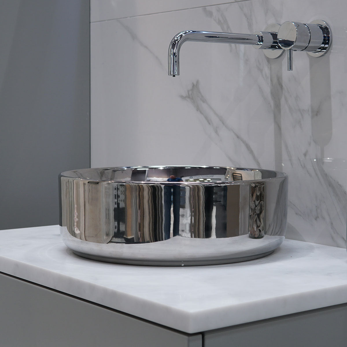 Granlusso Metallic Effect Countertop Round Basin with Slim Edges - Silver Gloss