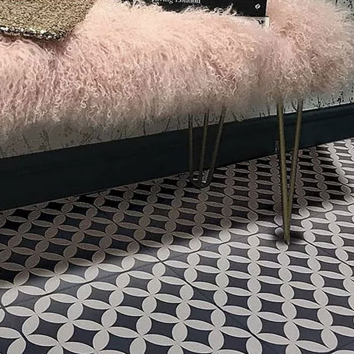 Laura Ashley Inspired Beatrice Black And White Pattern Porcelain Matt Floor Tile 33cm x 33cm