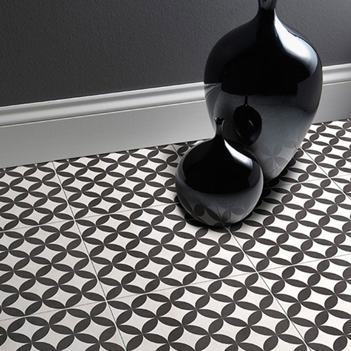 Laura Ashley Inspired Bertie White And Black Pattern Porcelain Matt Floor Tile 33cm x 33cm