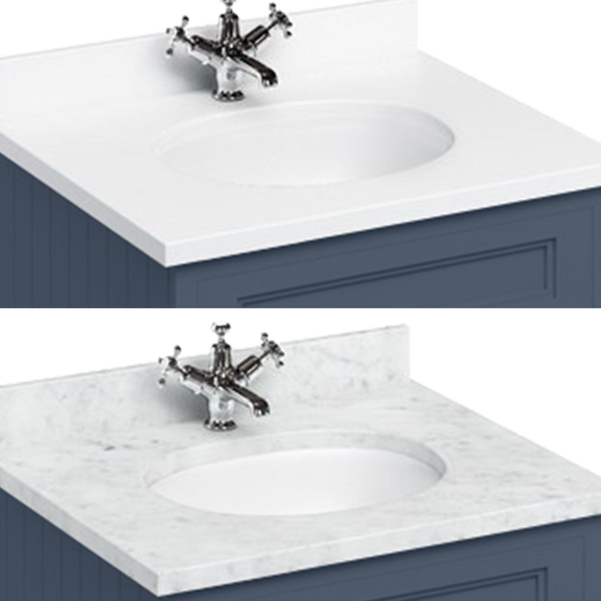 Burlington Floor Standing 650 Two Door Vanity Unit With White Marble Worktop and Integrated Basin Deluxe Bathrooms Ireland