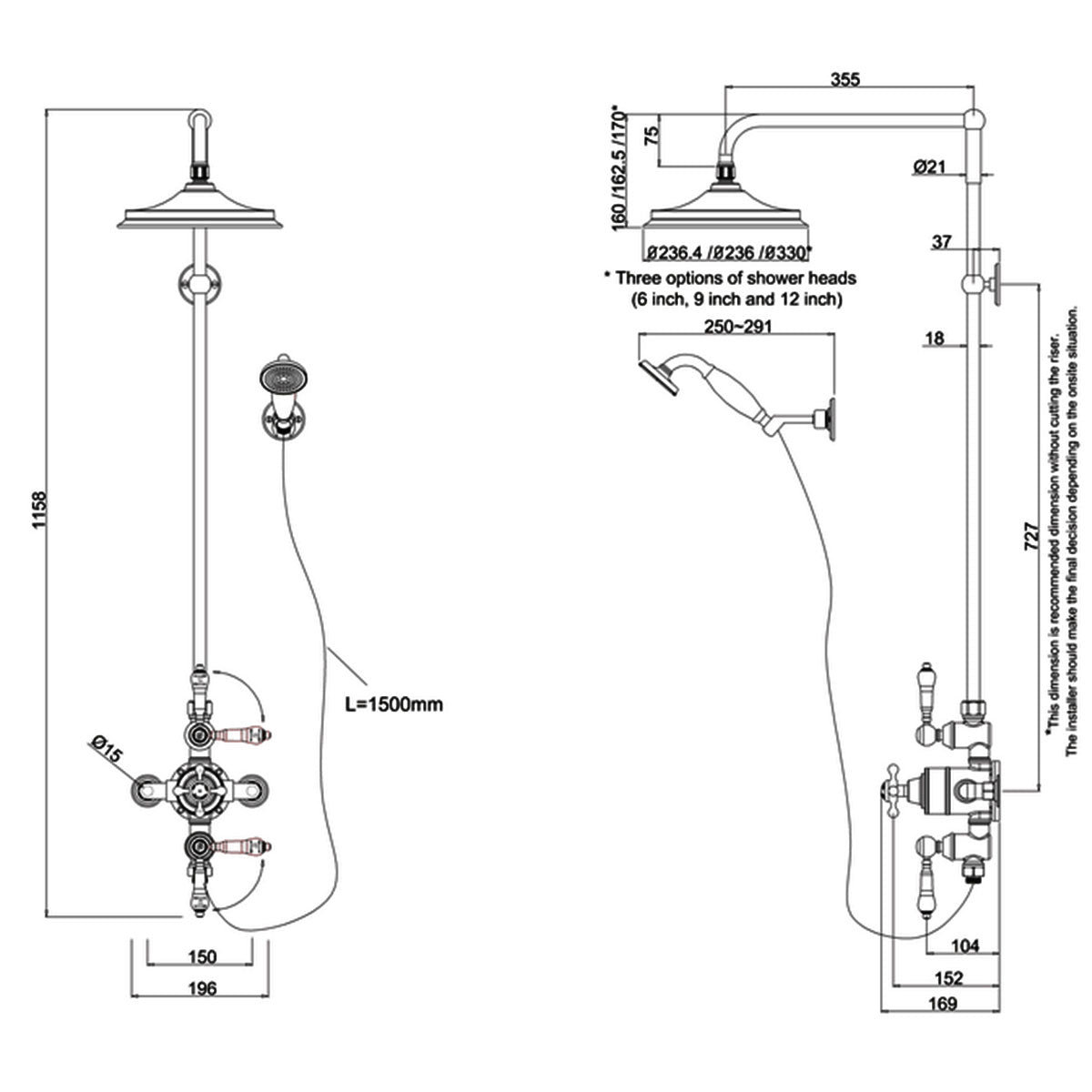 Burlington Avon Thermostatic Dual Outlet Valve With Rigid Riser and Shower Set With Overhead Deluxe Bathrooms Ireland