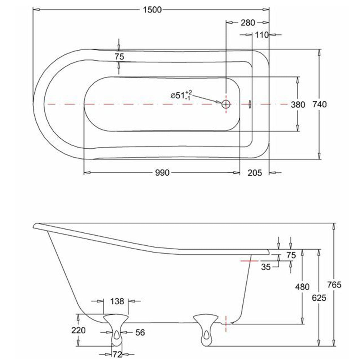 Burlington Buckingham Slipper Bath With Standard Feet 1500mm Acrylic Deluxe Bathrooms Ireland