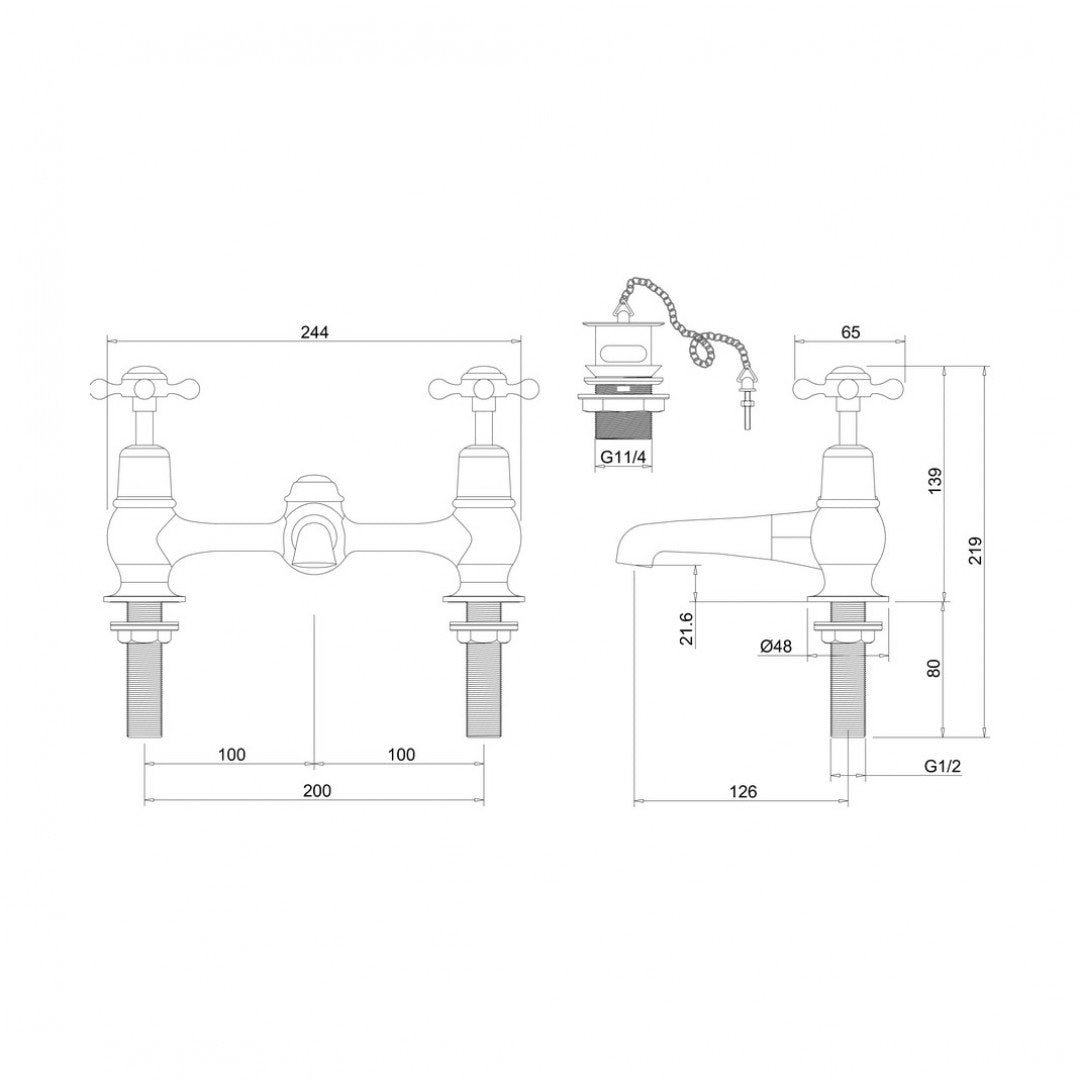 Burlington Claremont Two Tap Hole Bridge Basin Mixer With Plug And Chain Waste Deluxe Bathrooms Ireland