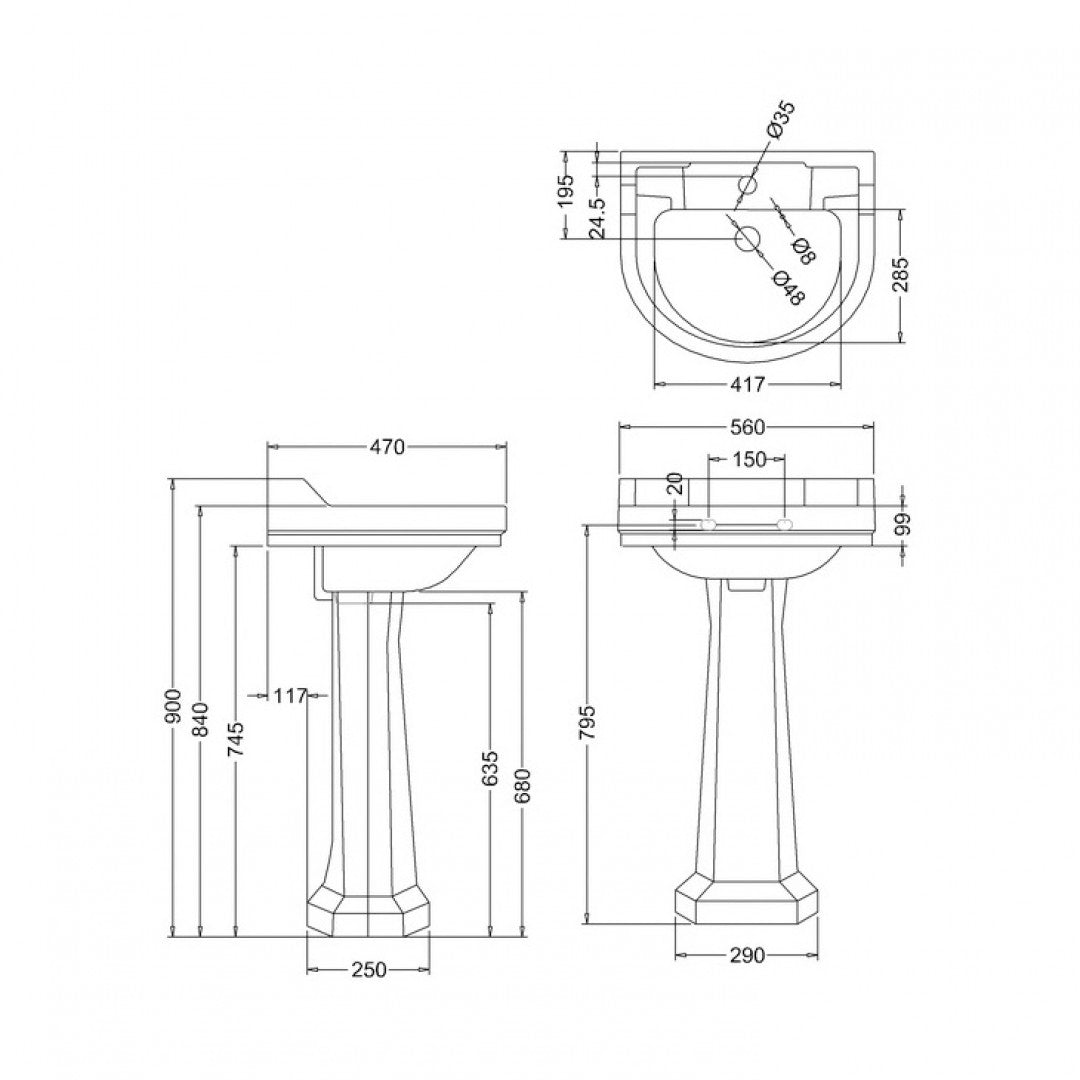 Burlington Edwardian 560mm White Round Basin With Standard Pedestal Deluxe Bathrooms Ireland