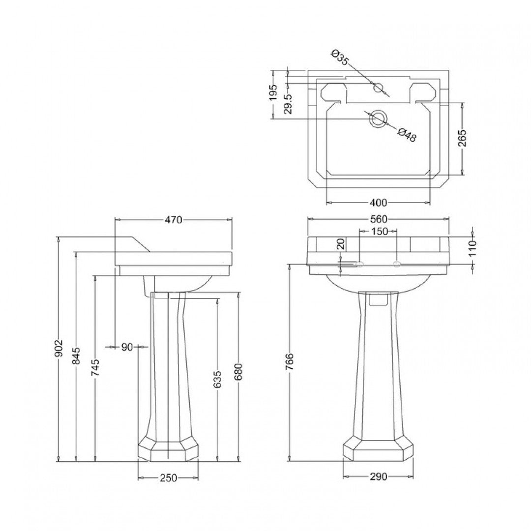 Burlington Edwardian Rectangular White Basin With Standard Pedestal Deluxe Bathrooms Ireland