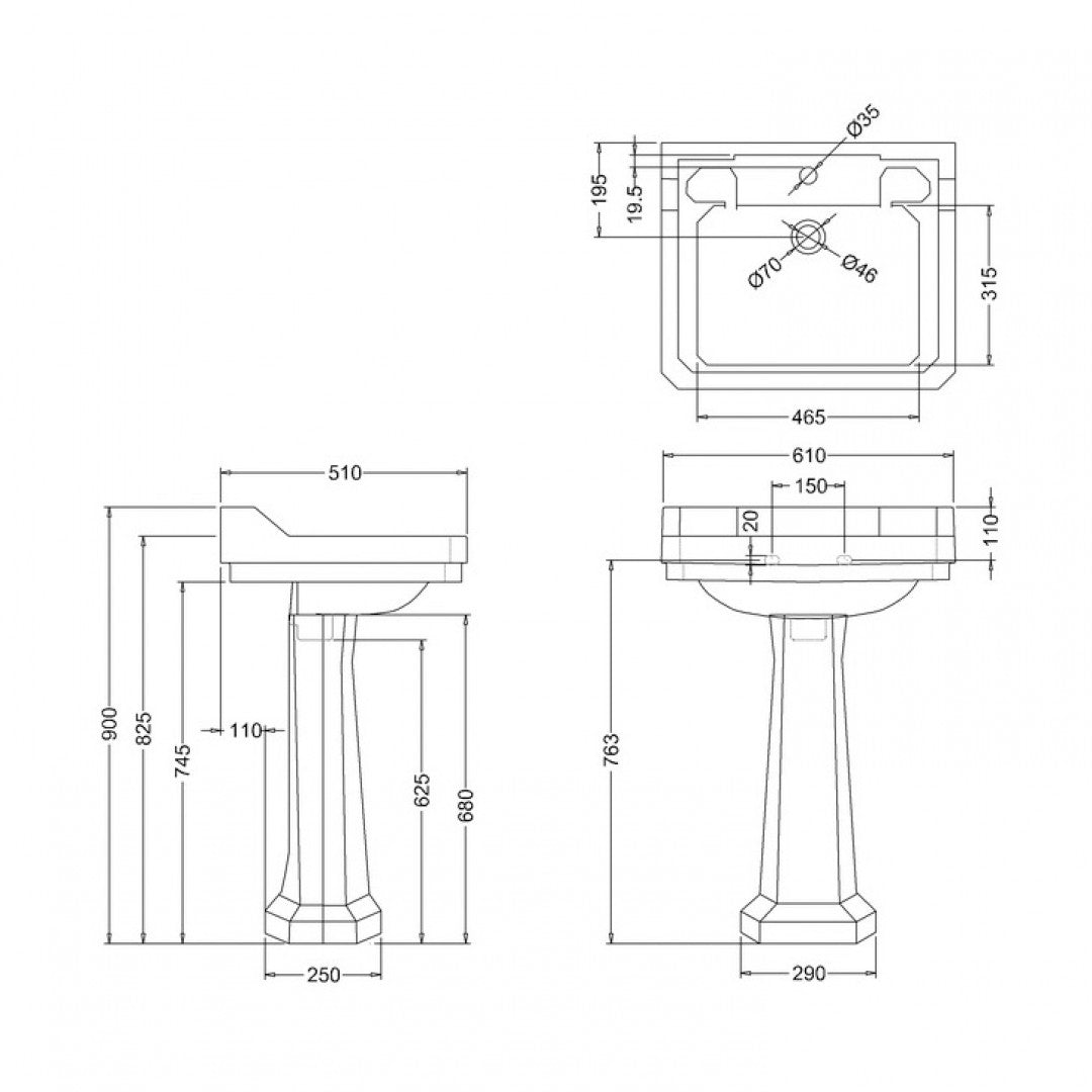 Burlington Edwardian Rectangular White Basin With Standard Pedestal Deluxe Bathrooms Ireland