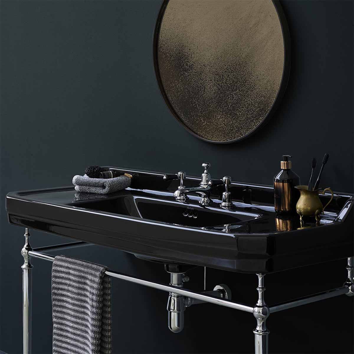 burlington edwardian jet 120cm 3TH black basin chrome washstand lifestyle Deluxe Bathrooms Ireland