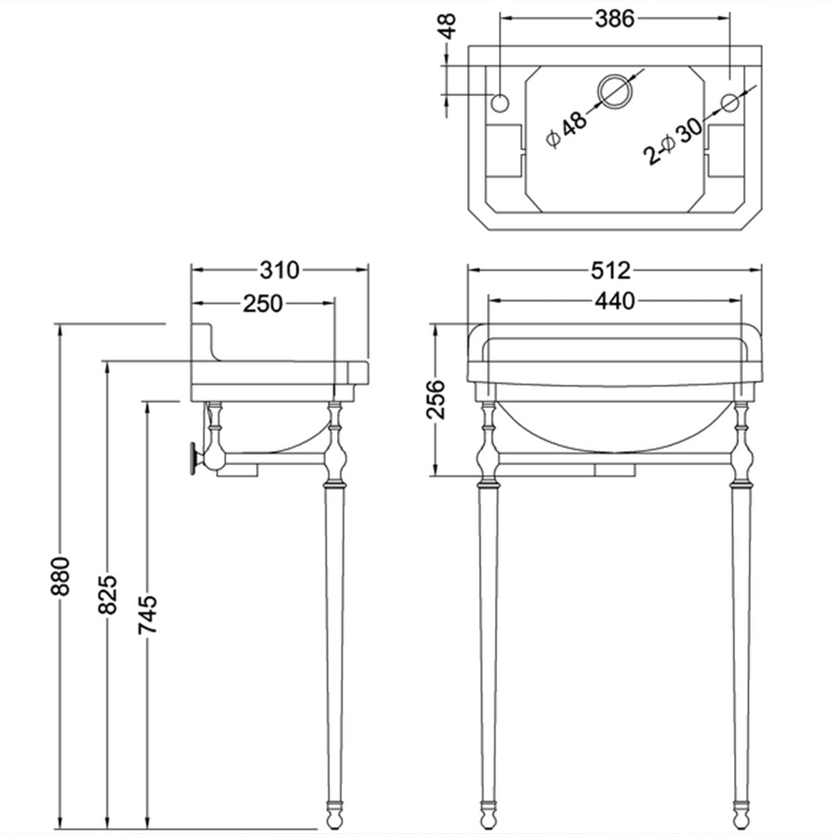 burlington edwardian jet 51cm 2TH black basin chrome washstand dimensions Deluxe Bathrooms Ireland