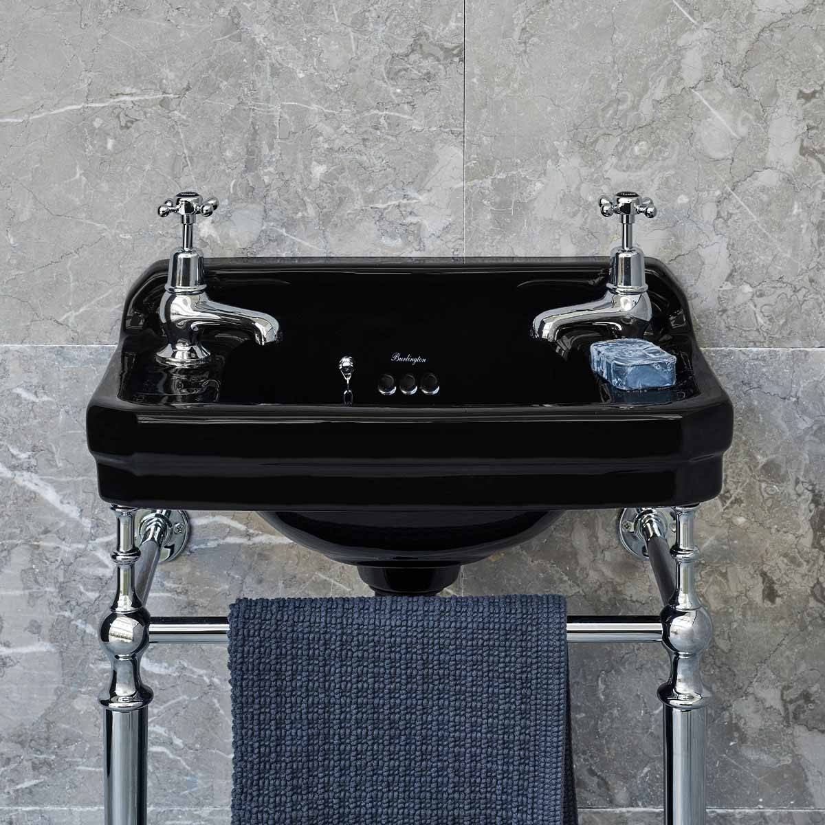 burlington edwardian jet 51cm 2TH black basin chrome washstand lifestyle Deluxe Bathrooms Ireland