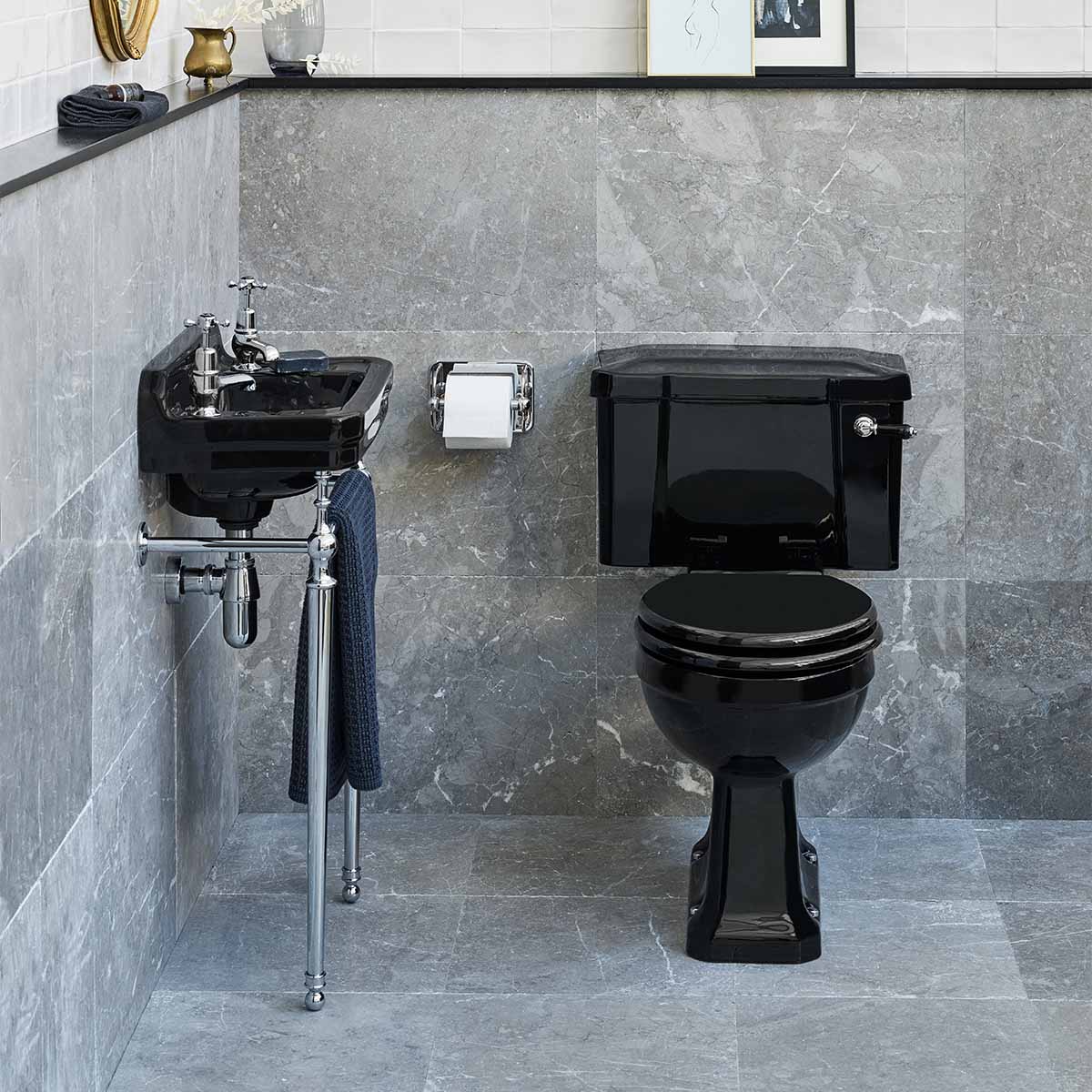 burlington edwardian jet 51cm 2TH black basin chrome washstand lifestyle Deluxe Bathrooms Ireland