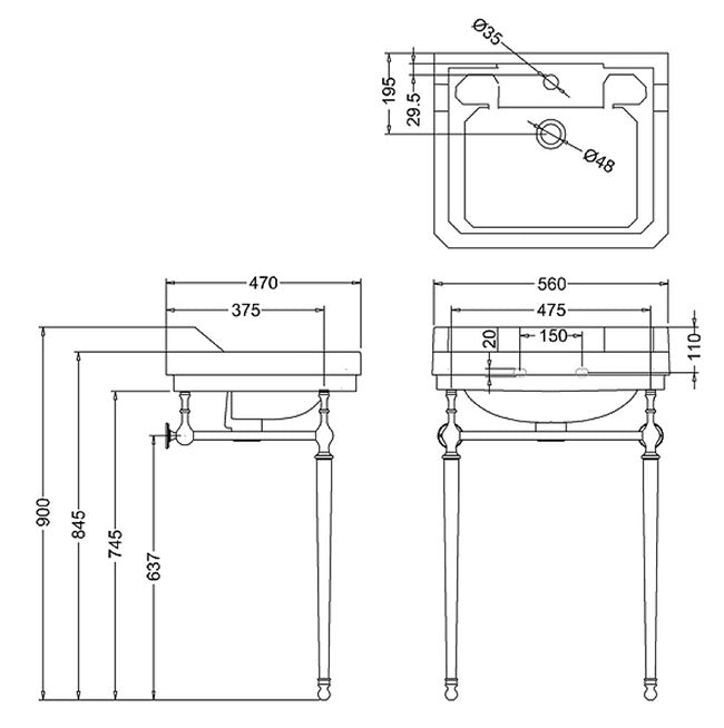 Burlington Jet Edwardian 56cm Black Rectangular Basin With Wash Stand Deluxe Bathrooms Ireland