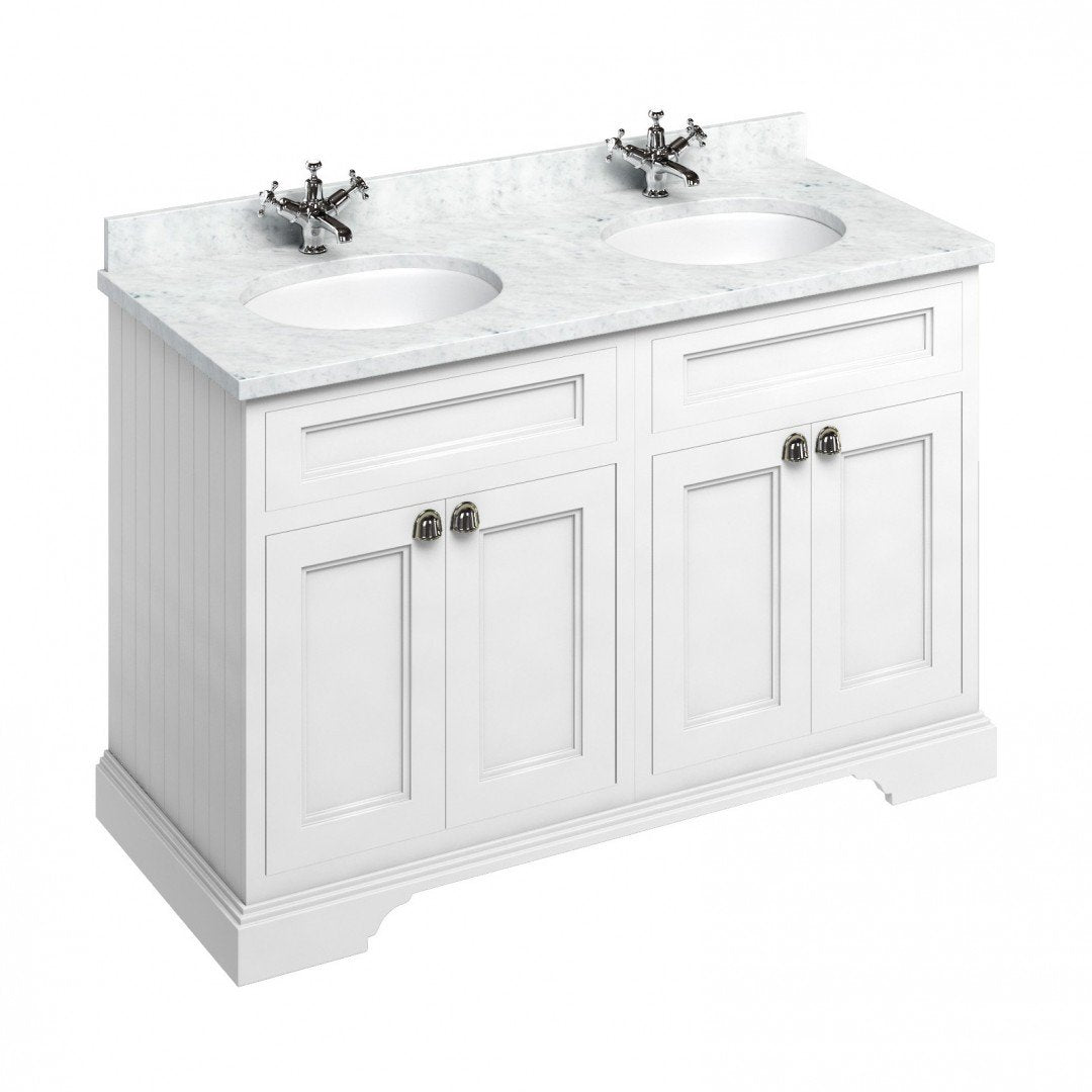 Burlington 1300 Floor Standing Vanity Unit With White Marble Worktop & Double Integrated Basin Deluxe Bathrooms Ireland